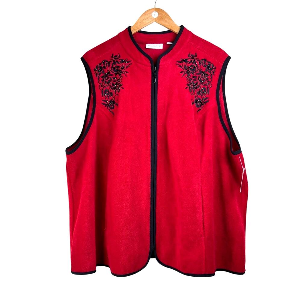 Susan Graver NWT Red Fleece Black Embroidered Beaded Detail Layering Vest